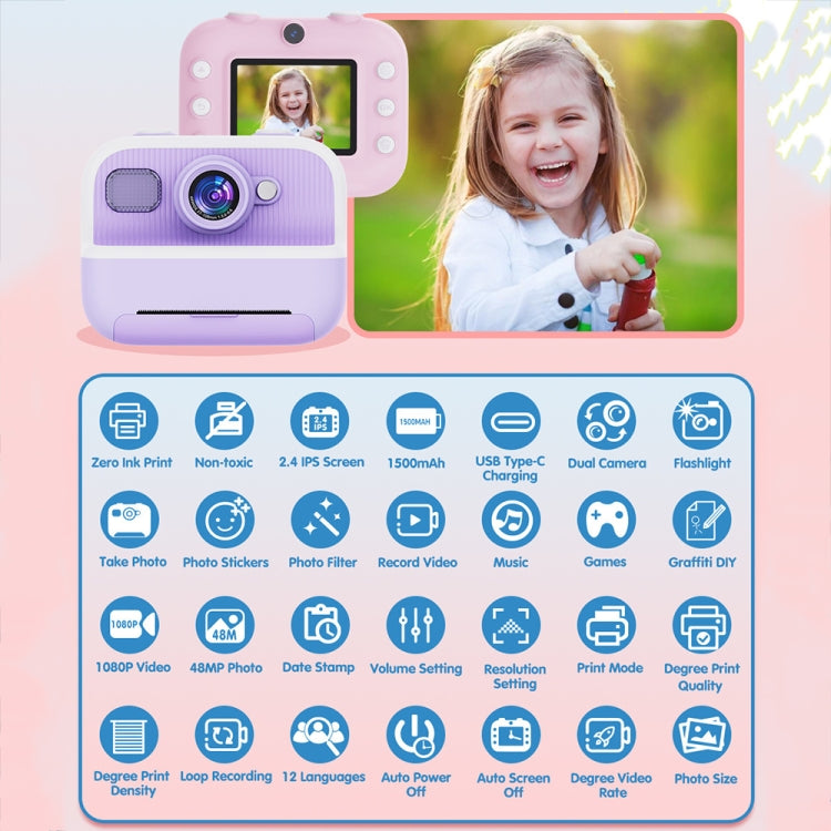 M8 2.4-Inch 1080P HD 2400W Pixel Dual-Camera Children Thermal Printing Camera, Pink, Blue, Purple, Pink+32GB, Blue+32GB, Purple+32GB M8 2.4-Inch 1080P HD 2400W Pixel Dual-Camera Children Thermal Printing Camera, Pink, Blue, Purple, Pink+32GB, Blue+32GB, Purple+32GB